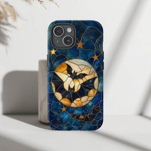 Celestial Bats Phone Case Faux Stained Glass Cover Spooky Moon and Stars Halloween iPhone 16 15 14 13 12 11 Pro Max 8 Plus X Samsung Pixel