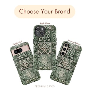 Funda para teléfono con azulejos mediterráneos verde salvia, azulejos portugueses de cerámica para iPhone 16, 15 Pro Max, 14 Plus, 13, 12, 11 X, Samsung S24, S23, S22, Pixel imagen 5