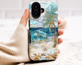 Tropical Beach iPhone Case, Stained Glass Style Beachy Summer Case, Coastal Seashell Samsung Galaxy Case, Ocean Waves Google Pixel Cover