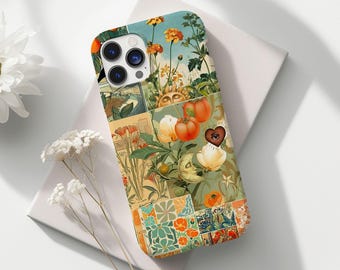 Green & Orange Collage Phone Case, Cute Vintage Summer European Aesthetics Trendy Tough Case iPhone 16 15 14 13 12 11 8 Pro Max Plus