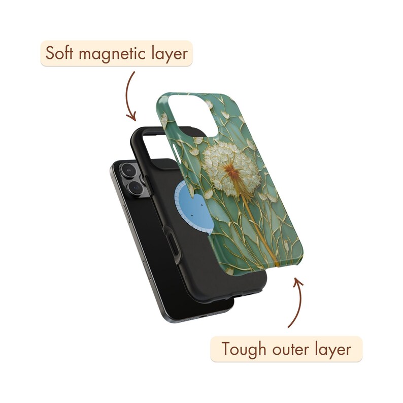 Op de afbeelding: Een telefoonhoesje met een paardenbloemontwerp. De hoes heeft een zachte magnetische laag en een stevige buitenlaag. De paardenbloem is wit en goudkleurig, tegen een teal en groene achtergrond.