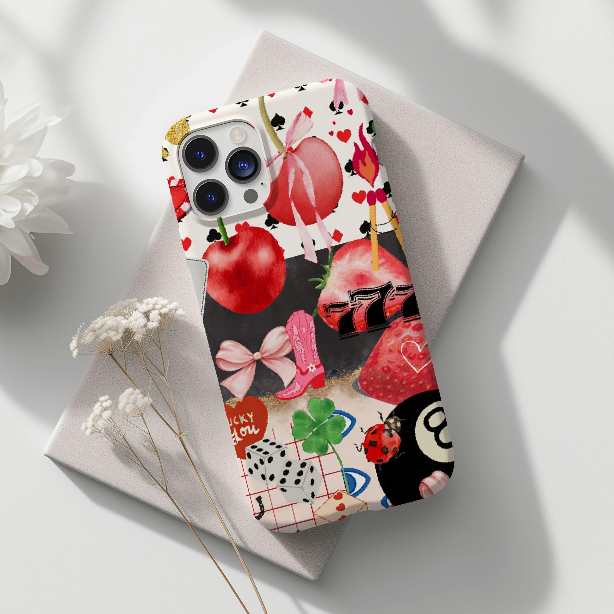 Lucky Cherry Girl Collage Phone Case, Trendy Coquette Phone Case, Cute Y2K Cover, 8 Ball, Fruity, iPhone 16 15 14 13 12 11 Pro Max 8 Plus X