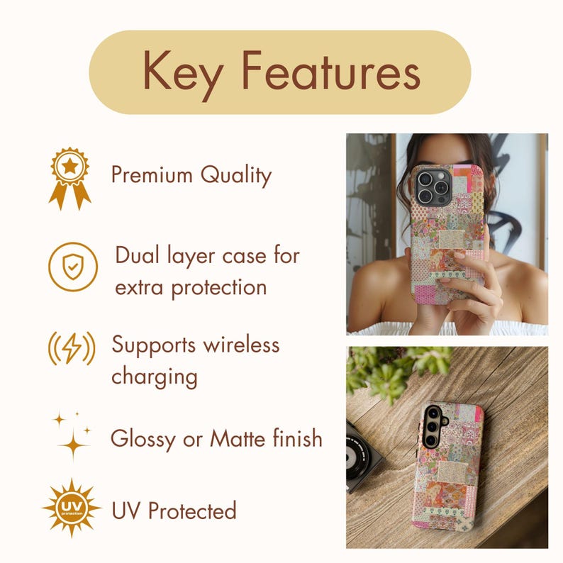 May include: A phone case with a patchwork design. The case is shown on a phone and in the hand of a person. The case is available in a glossy or matte finish and is UV protected. The case is also dual layer for extra protection and supports wireless charging.