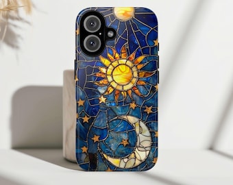 Funda para teléfono con vitrales de sol y luna celestiales, diseño de cielo estrellado, resistente y protectora para iPhone, Samsung y Pixel.