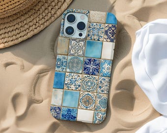 Funda para iPhone con azulejos en azul y beige, diseño de azulejos mediterráneos, estética veraniega europea para iPhone 17, 16, 15, 14, 13, 12 y 11 Pro Max Plus y Samsung