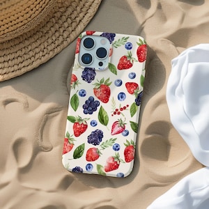 Summer Berries Phone Case, Watercolor Fruit Pattern, Strawberry Blueberry, Shabby & Chic Aesthetic iPhone 16 15 14 13 12 11 Pro Max 8 Plus X