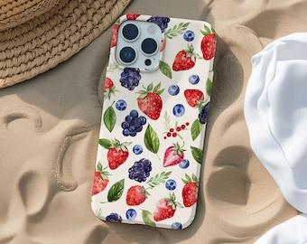 Funda para teléfono con diseño de bayas de verano, estampado de acuarela, fresa y arándano, estética shabby chic para iPhone Air Pro Max Plus y Samsung Galaxy.