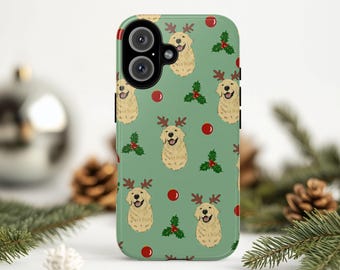 Bonita funda navideña con diseño de perro, dibujada a mano por Anna. Ideal para iPhone 17, 16, 15, 14, 13, 12, 11 Pro Max Plus, X, Samsung y Pixel.