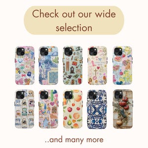 May include: A selection of 10 different phone cases with various colorful and patterned designs. The cases feature a variety of themes, including floral, geometric, and abstract patterns. The text "Check out our wide selection... and many more" is displayed below the cases.