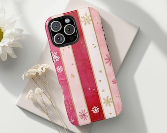 Pink Christmas Stripes Phone Case, Cute & Trendy Gold and Pink Design, Holiday Gift For iPhone 16 15 14 13 12 11 8 Pro Max Plus X, Samsung
