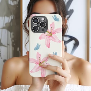 Coque de portable rose lys tigré fleuri, fleurs de lys, aquarelles Tiger Lillies & Butterfly pour iPhone 16 15 14 13 12 11 Pro Max 8 Plus X Samsung