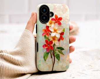 Stained Glass Plumeria Flowers Phone Case, Tropical Floral Faux Stained Glass Cover with Gold Accents for iPhone Samsung Pixel