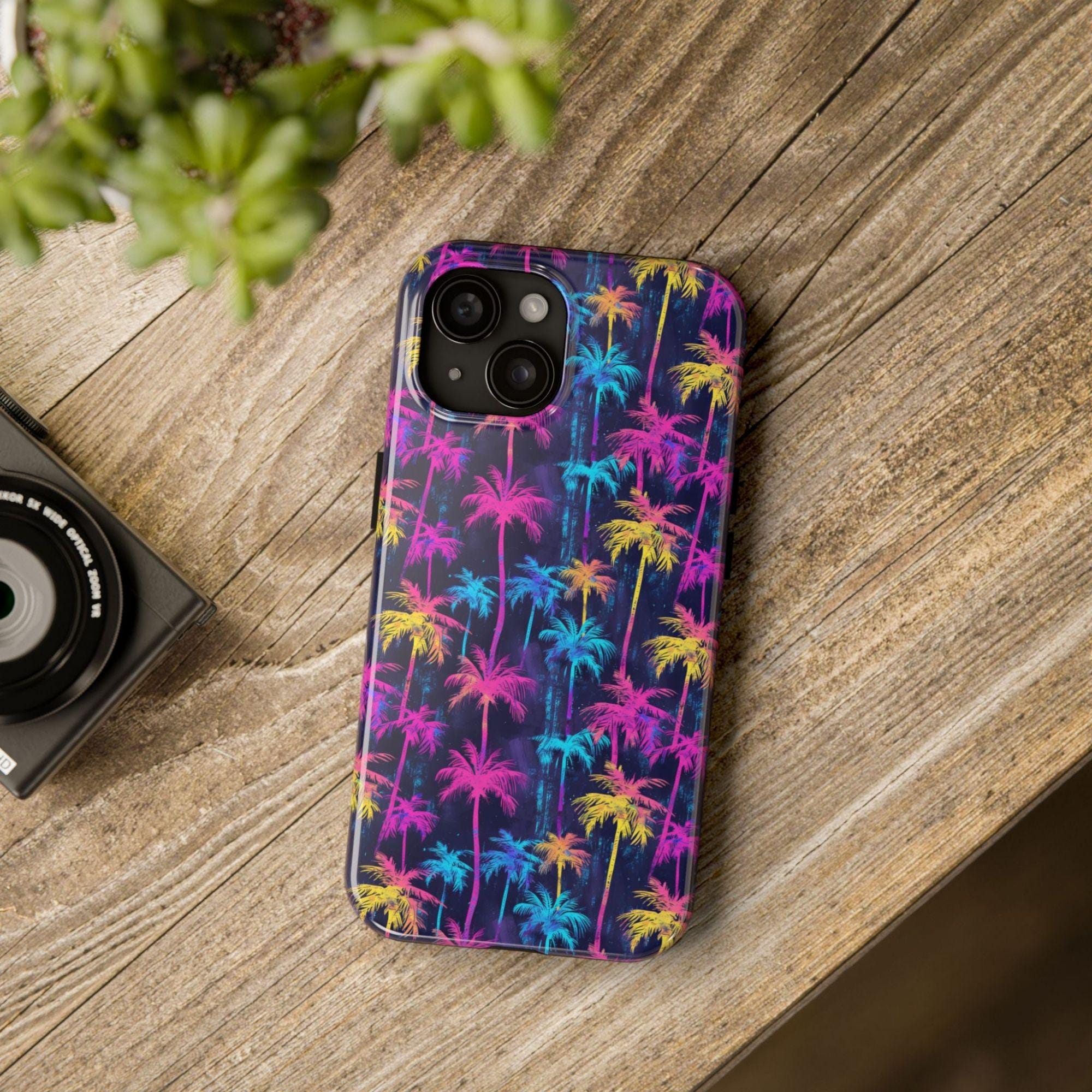 Neon Tropical Palm Trees Phone Case, Aesthetic Coastal Print, Trendy ...