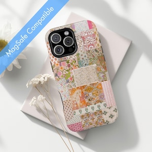 May include: A colourful phone case with a patchwork design featuring various floral and geometric patterns. The case has a raised glitter accent and is compatible with MagSafe.