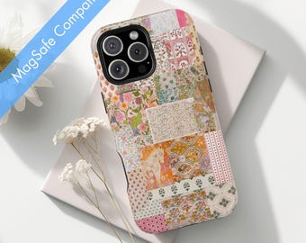 Magsafe iPhone-hoesje bloemen patchwork collage, preppy esthetiek schattig en trendy zomerbloemstof voor iPhone 17 16 15 14 13 Air Pro Max Plus