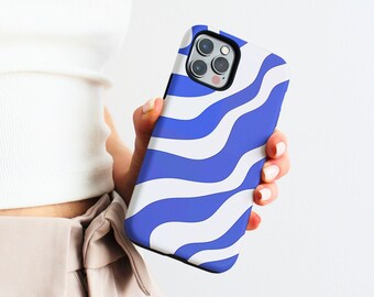 Wavy Blue & White Phone Case, Contemporary Abstract Pop Art Design, iPhone 16 15 13 12 11 X Pro Max Plus, Samsung Galaxy s25 s24 s23, Pixel