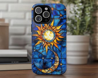 Funda para teléfono con cielo nocturno azul, cubierta de vitral falso, diseño celestial de luna y estrellas para iPhone 17, 16, 15, 14, 13, 12, 11 Pro Max Plus, X, Samsung Pixel