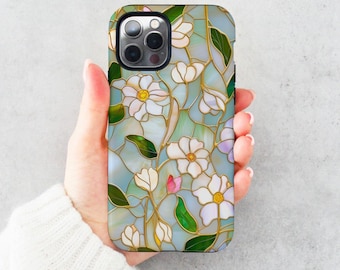 Stained Glass Floral Garden Phone Case, Cute Faux Stained Glass Effect Golden Wildflowers iPhone Air Pro Max Plus, Samsung Galaxy