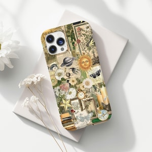 Bonita funda de teléfono con collage antiguo, diseño floral vintage moderno, estética antigua, bonito sol retro para iPhone 16, 15, 14, 13, 12, 11 Pro Max, 8 Plus y X.