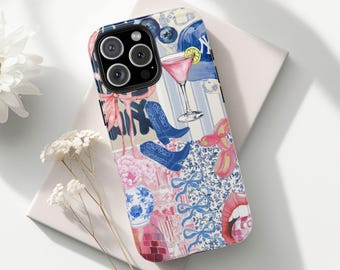 Blue & Pink Coquette Collage Phone Case, Preppy Aesthetic, Cute and Trendy Feminine Phone Case Girly iPhone 16 15 14 13 12 11 Pro Max 8 Plus
