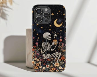 Funda para teléfono con diseño de esqueleto de café, bordado falso, floral, gótico, espeluznante, para Halloween, iPhone 17, 16, 15, 14, 13, 12, 11 Pro Max, 8 Plus, X, Samsung Pixel