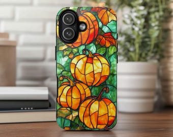 Funda para teléfono con calabazas, vitrales falsos de otoño, funda de Acción de Gracias, regalo para amantes de las calabazas, iPhone 17, 16, 15, 14, 13, 12, 11 Pro Max Plus, X, Samsung Pixel