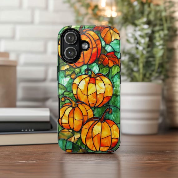 Pumpkins Phone Case Fall Faux Stained Glass Thanksgiving Cover Pumpkin Lovers Gift iPhone 17 16 15 14 13 12 11 Pro Max Plus X Samsung Pixel