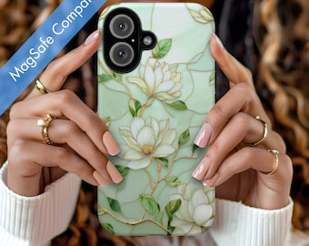 Magsafe Magnolia-telefoonhoesje: glas-in-lood, imitatie-gebrandschilderd glas gouden bloemdessin trendy coquette iPhone 17 16 15 14 13 Air Pro Max Plus