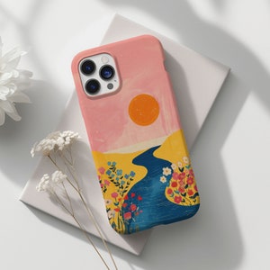 Funda de teléfono Pink Floral Sunset, hermoso diseño de arte de pintura al atardecer, iPhone 15 pro max, 14 plus, 13, 12, 11, X Samsung Galaxy, Pixel pro