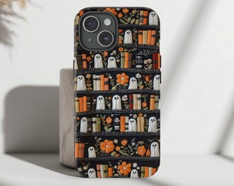 Cute Bookish Halloween Phone Case, Whimsical Ghosts, Spooky Faux Embroidery iPhone 17 16 15 14 13 12 11 Air Pro Max 8 Plus X, Samsung, Pixel