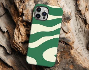 Wavy Green & Creamy White Phone Case, Contemporary Abstract Design, iPhone 15 16 pro max, 14 plus, 13, 12, 11, 8, 7, X Samsung Galaxy, Pixel