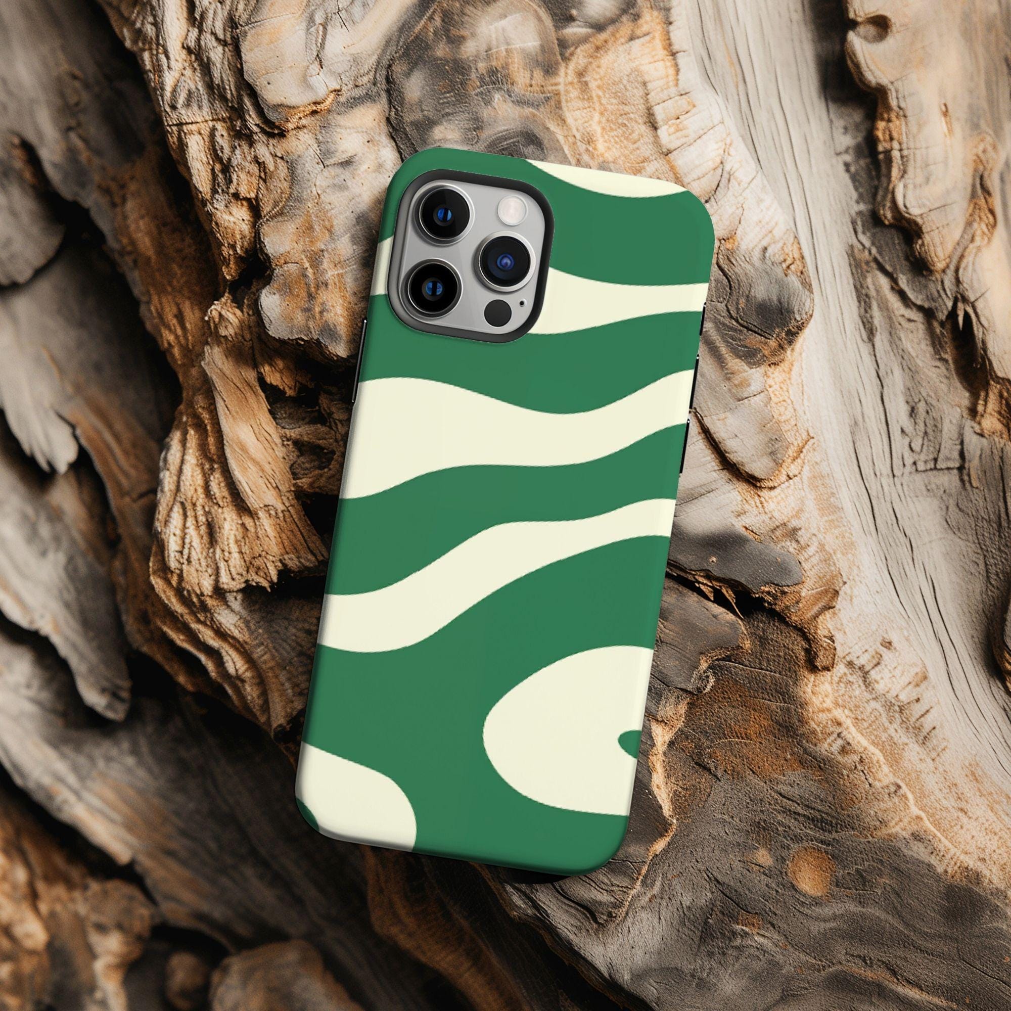 Wavy Green & Creamy White Phone Case, Contemporary Abstract Design