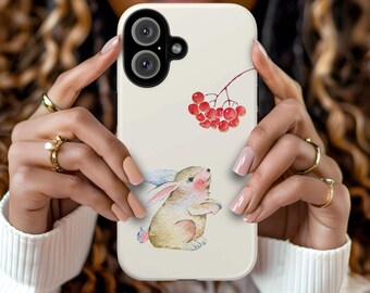 Winter Rabbit Phone Case, Adorable Rabbit and Berries, Cute Minimalist Design, iPhone 16 15 14 13 12 11 8 Pro Max Plus X, Samsung