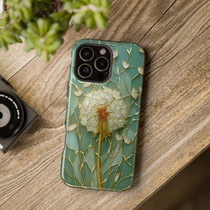 Magsafe gebrandschilderd glas paardebloem telefoonhoesje, salie groene botanische kunst, verdorde magnetische paardebloem hoes, bloemenliefhebber cadeau voor iPhone afbeelding 6