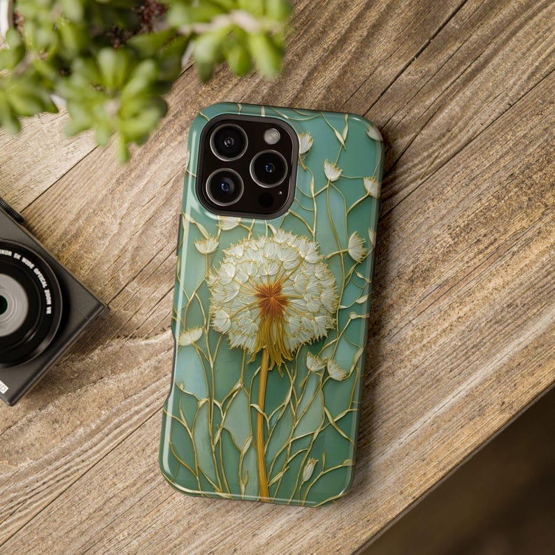 Magsafe gebrandschilderd glas paardebloem telefoonhoesje, salie groene botanische kunst, verdorde magnetische paardebloem hoes, bloemenliefhebber cadeau voor iPhone afbeelding 6