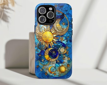 Celestial Gold Trim Stained Glass Phone Case, Suns Moons & Stars iPhone 16 15 14 13 12 Pro Max Plus, Samsung Galaxy Case, Google Pixel Cover