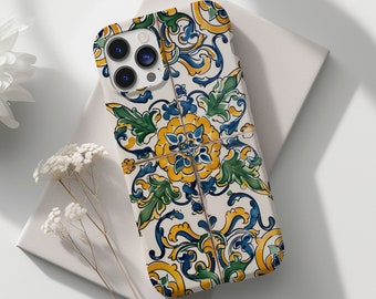 Funda de teléfono con azulejos mediterráneos, diseño europeo, para iPhone Air Pro Max Plus, Samsung y Pixel.