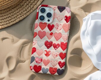 Hearts Patchwork Phone Case, Cute and Trendy Love Phone Case, Faux Fabric, Valentines day Pattern, iPhone 15 14 13 12 11 Pro Max 8 Plus X