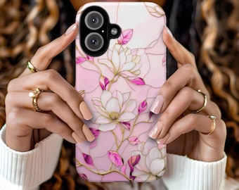 Pink Magnolia Stained Glass Phone Case, Faux Stained Glass Golden Floral Trendy Coquette iPhone 17 16 15 14 13 12 11 Pro Max Plus X Samsung