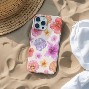 Bloemen zeeschelp telefoonhoesje, schattige pastelkleurige hibiscusbloemen, girly kust lente en zomer iPhone 17 16 15 14 13 12 11 Pro Max Plus, Samsung