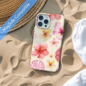 Jolie coque de portable Hibiscus et coquillages Magsafe, impression florale pastel tendance estival, esthétique girly mignonne, iPhone 16 15 14 13 Pro Max Plus