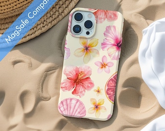 Magsafe schattig hibiscus zeeschelp iPhone-hoesje, trendy zomer pastel bloemenprint schattig girly beachy iPhone 17 16 15 14 13 Air Pro Max Plus