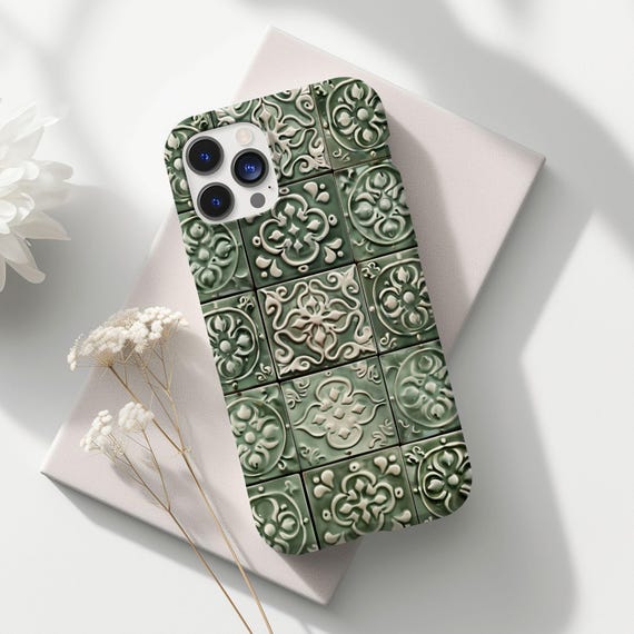 Sage Green Mediterranean Tile Phone Case, Portuguese Azulejos Ceramic iPhone 16 15 pro max, 14 plus 13 12 11 X Samsung s24 s23 s22, Pixel