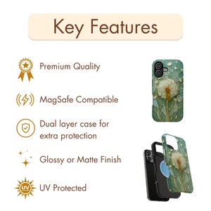Op de afbeelding: Een teal telefoonhoesje met een paardenbloemontwerp en gouden details. De afbeelding toont ook een zwarte telefoonhoes en een witte telefoonhoes. De tekst in de afbeelding luidt "Key Features", "Premium Quality", "MagSafe Compatible", "Dual layer case for extra protection", "Glossy or Matte Finish" en "UV Protected".