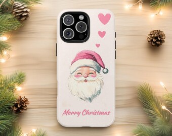 Cute Santa Phone Case, Pink Christmas Design, Hearts, Merry Christmas, Holiday Gift For iPhone 16 15 14 13 12 11 8 Pro Max Plus X, Samsung