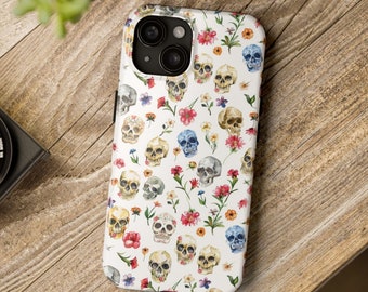 Floral Skulls Pattern Phone Case, Cute and Trendy Watercolor Skulls, Halloween Skull Cover, iPhone 15 14 13 12 11 Pro Max 8 Plus X