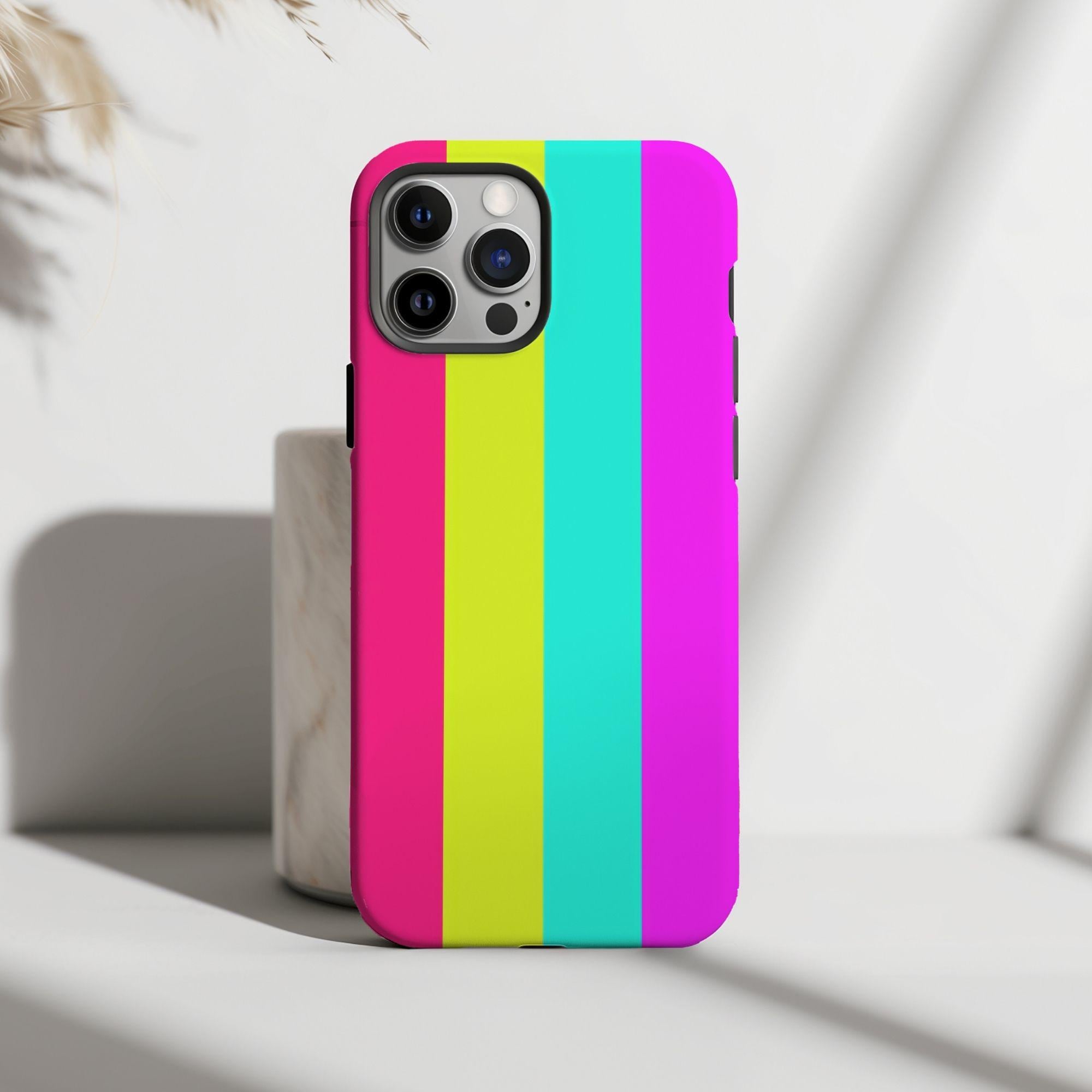 Summer Rainbow Neon Stripes Phone Case, Matching Stripes Design, iPhone 16 15 14 13 12 11 Pro Max 8 Plus X, Samsung Galaxy Ultra, Pixel Pro