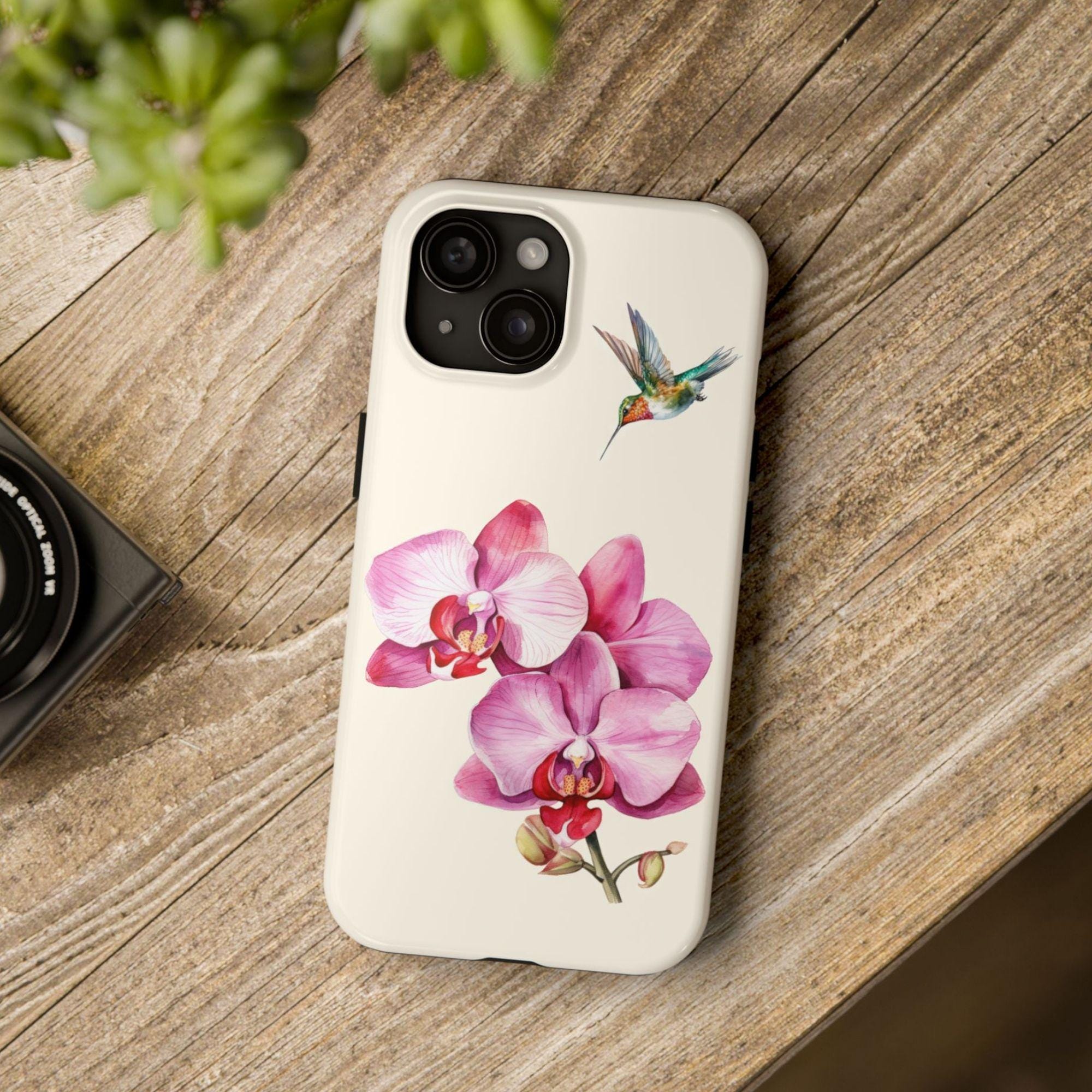 Orchid & Hummingbird Phone Case, Watercolor Pink Floral Cover Elegant  Flower iPhone 15 14 13 12 11 Pro Max 8 Plus X, Samsung s21 s22 s23 s24