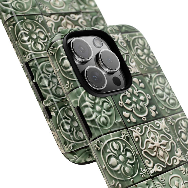 Funda para teléfono con azulejos mediterráneos verde salvia, azulejos portugueses de cerámica para iPhone 16, 15 Pro Max, 14 Plus, 13, 12, 11 X, Samsung S24, S23, S22, Pixel imagen 7