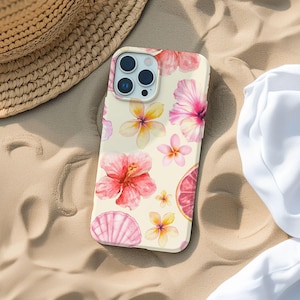 Jolie coque de portable hibiscus coquillage tendance été pastel imprimé floral jolie fille esthétique iPhone 16 15 14 13 12 11 8 7 Pro Max Plus X Samsung